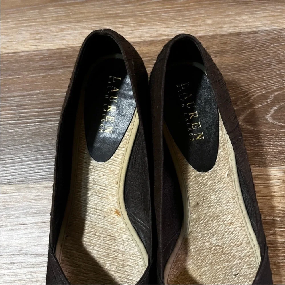 Ralph Lauren Cecilia Espadrille Wedge Sandals Brown Shantung Silk Size 8